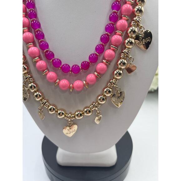 Lilly Pulitzer Triple Strand PINK Beaded GOLD HEART CHARM Love Necklace New - Picture 8 of 13